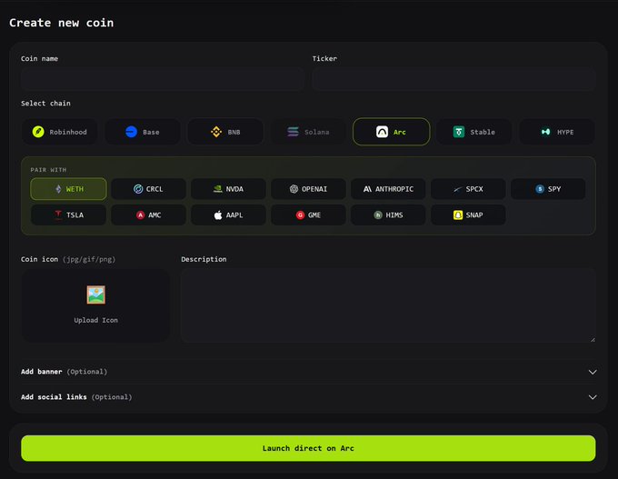 The image shows a "Create new coin" form on what appears to be a token launchpad, with "Arc" selected as the chain and WETH selected as the pair token, along with a green "Launch direct on Arc" button at the bottom. This relates to the post "COOOOOKING on @arc" as it shows someone actively preparing to launch a new coin on the Arc blockchain platform.
