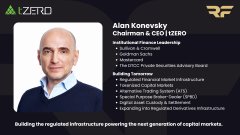 A professional headshot slide of Alan Konevsky, Chairman & CEO of tZERO, highlighting his extensive background in financial leadership, policy, and regulation, with text noting tZERO's role in "Building the regulated infrastructure powering the next generation of capital markets." The image serves as an introduction to the speaker discussing blockchain's role in modernizing Wall Street, tokenization, and institutional adoption in the accompanying post.