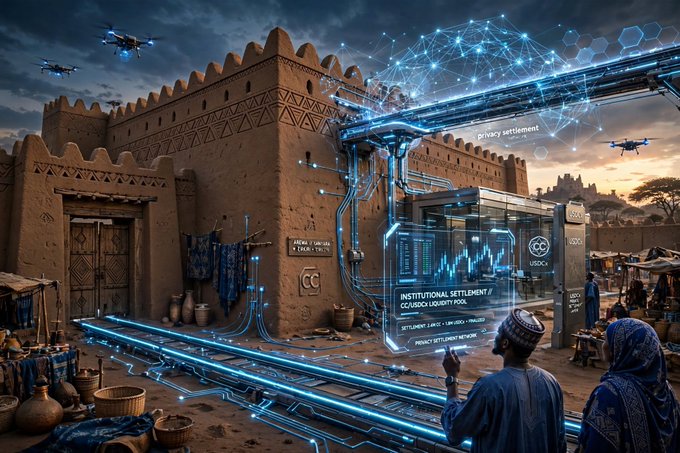 A digital illustration depicts a bustling market scene in front of an adobe building, overlaid with glowing blue holographic displays, drones, and text reading 'INSTITUTIONAL SETTLEMENT / CC YIDOIN COMPANY POO' and 'CBIDC'.