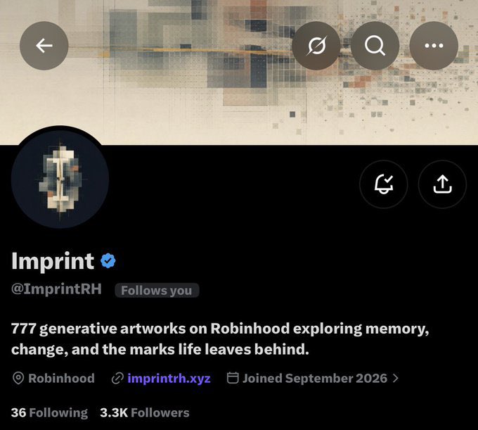 An X (formerly Twitter) profile screenshot for "Imprint" (@ImprintRH), a verified account with a bio reading "777 generative artworks on Robinhood exploring memory, change, and the marks life leaves behind." The account has 36 Following and 3.3K Followers, and joined in September 2026.