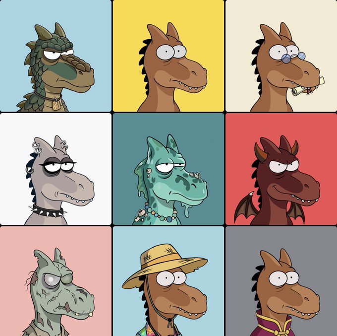The image features a grid of nine cartoon-like characters, each with their own unique style and appearance. The characters are arranged in a 3x3 grid against a blue background. Each character has a distinct facial expression and pose, showcasing their individuality. The text "65 million years late. Still early." is written above the grid, which could be interpreted as an artistic statement or a reference to the popular animated series "The Simpsons". The post also mentions that there are two posts available for application, one of which is titled "bonkosaur.xyz/apply", indicating that fans can apply to become part of this creative community and contribute their own characters to the grid.