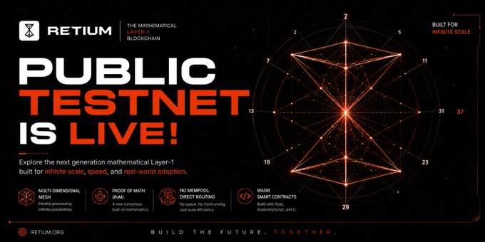 Promotional banner for RETIUM's Layer-1 blockchain public testnet launch, featuring geometric designs and highlighting features like Multi-Dimensional Mesh (MEM), Proof of Math (POM), and WASM Smart Contracts, with the tagline 'Build the Future. Together.'