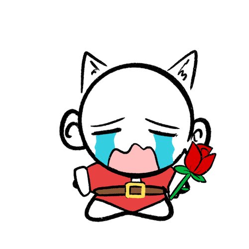 A chibi-style cartoon character with cat-like ears, wearing a red outfit with a brown belt, crying while holding a red rose.