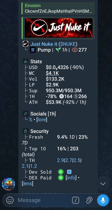 A Telegram message interface displaying stats for a cryptocurrency token called 'Just Nuke it' ($NUKE), showing a price of $0.4326 and a market cap of $4.1K.