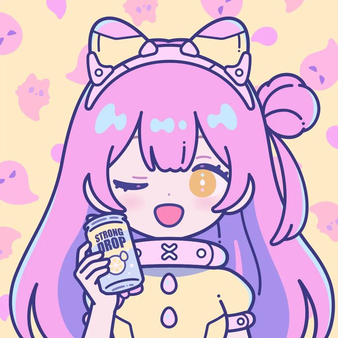 A digital illustration of a pink-haired anime-style character with cat ears and a bow, winking and holding a can labeled 'STRONG DROP' against a pale yellow background with pink shapes.