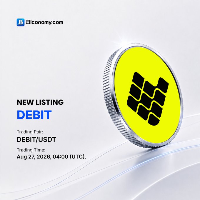 A promotional graphic from Biconomy.com announcing a new listing for "DEBIT" with a trading pair of DEBIT/USDT, featuring a large 3D render of a yellow and silver coin with a black geometric logo, scheduled for August 27, 2026.