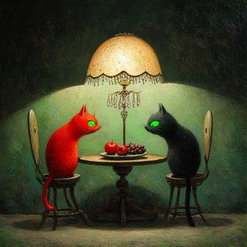 A whimsical painting depicts a red cat and a black cat with glowing green eyes sitting across from each other at a small round table beneath a fringed lamp, sharing a plate of fruit.