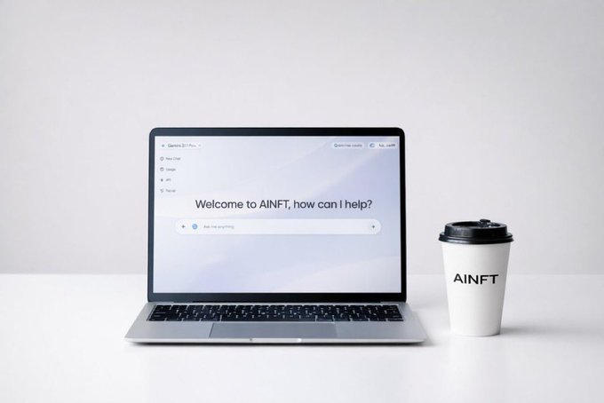 A laptop displays the AINFT chat interface with the message "Welcome to AINFT, how can I help?" alongside a coffee cup branded with the "AINFT" logo. The clean, minimalist setup visually reinforces the post's message about AINFT.com recognizing wallet history in Web3, presenting the platform as an approachable, modern tool for exploring on-chain activity.