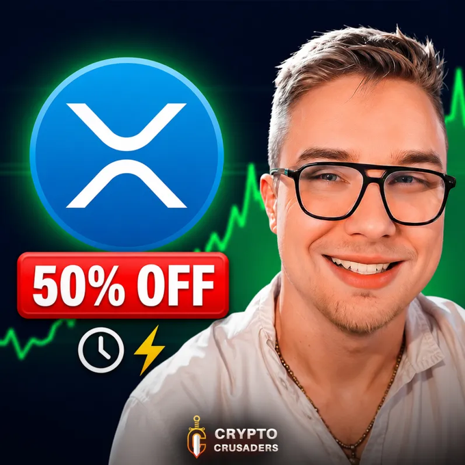 The image features a man wearing glasses, smiling for the camera while sitting next to a graphic of a blue circle with an X inside. The background of the image has a green line graph that says "50% Off" written below the X.
