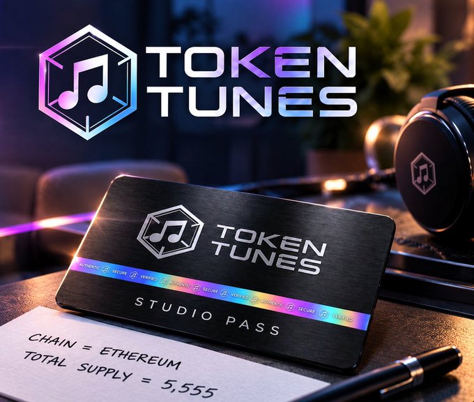 Promotional graphic for 'TOKEN TUNES' featuring a 'STUDIO PASS' card with holographic security strips, noting 'CHAIN = ETHEREUM' and 'TOTAL SUPPLY = 5,555'.