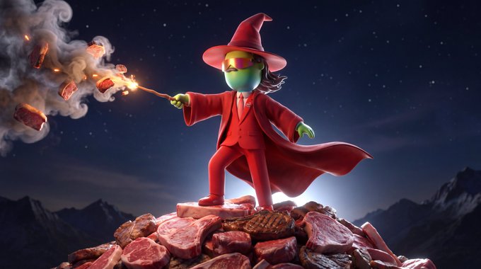 A red-suited, green-faced wizard stands atop a mountain of beef, conjuring flying steaks with his wand. Titled “Wizard Of Beef,” the surreal scene features Citizens of Vibetown character Mog Burgundy (#3430) and Good Vibes Club IP.