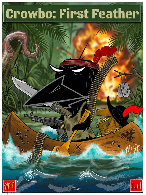Illustration titled 'Crowbo: First Feather' depicting a black crow pirate in a wooden boat with ammunition belt, knife, and rifle, set against a tropical jungle backdrop with explosions.