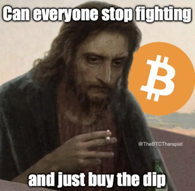 Meme image of Jesus looking down thoughtfully, with a Bitcoin logo and text reading "Can everyone stop fighting and just buy the dip," credited to @TheBTCTherapist.