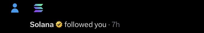 A Twitter notification showing that the official Solana account has followed the user, paired with a celebration post about joining the "cool kids club" with Solana.