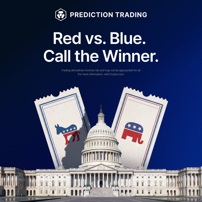 A promotional graphic for Crypto.com's "Prediction Trading" feature, featuring the U.S. Capitol flanked by two tickets bearing the Democratic donkey (blue) and Republican elephant (red), with the headline "Red vs. Blue. Call the Winner." The image visually reinforces the post's call to trade on real-time political outcomes by betting on which party wins.