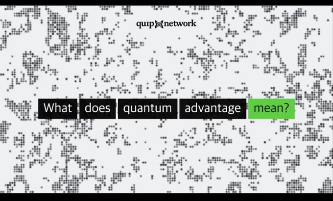 A promotional graphic for quip.network asking 'What does quantum advantage mean?' with a dotted background pattern.