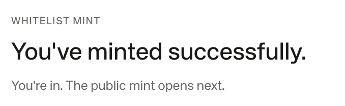 A digital confirmation screen displays 'WHITELIST MINT' with the message 'You've minted successfully.' and 'You're in. The public mint opens next.'