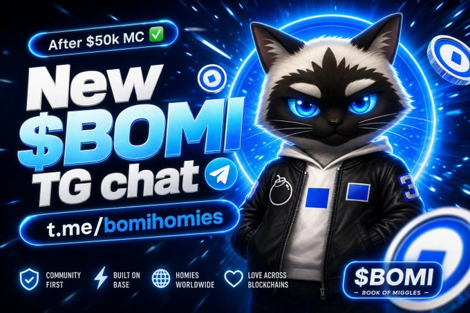 The image features a cartoon cat wearing a black jacket with a white hood, standing against a blue background that has a white circle with a blue dot inside of it. The text "New $BOMI telegram" is written on this circle. This suggests that there might be an update or new feature related to the game, possibly involving the use of telegrams as a means of communication within the gaming community.