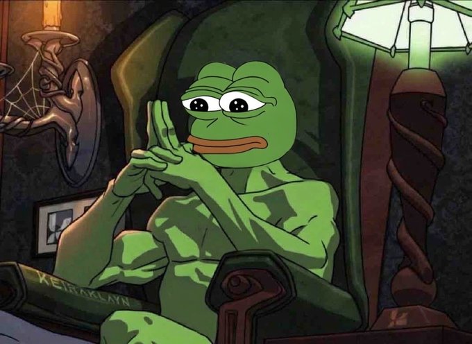 A muscular Pepe the Frog sits contemplatively in an ornate armchair with his hands clasped, set against a dimly lit, gothic-style room. The watermark "KEIRAXXXX" is visible on the chair's armrest, fitting the waiting meme format paired with the $Pepe price prediction post.