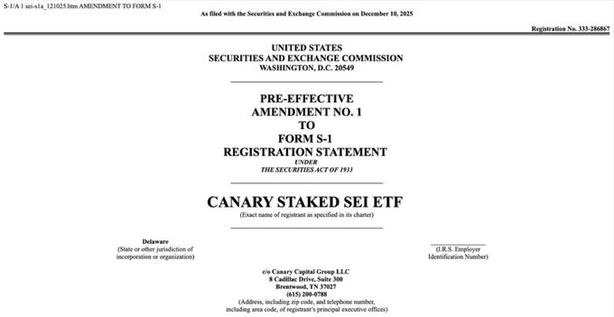 **Caption:** Header of Canary Capital's Amendment No. 1 to its S-1 filing for a Staked SEI ETF, featuring introductory text in Arabic and identifying Canary Capital Group as the registrant (Incorporated by Delaware), filed on January 21, 2026.