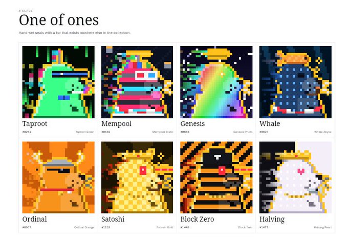 A gallery page titled 'One of ones' showcasing pixel-art character seals in the R SEALS collection, including Taproot, Mempool, Genesis, Whale, Ordinal, Satoshi, Block Zero, and Halving, each with an edition number.