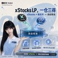 A small promotional banner for 'xStocksLP' by 一在三湘 featuring a woman in a white suit with blockchain-related Chinese text.