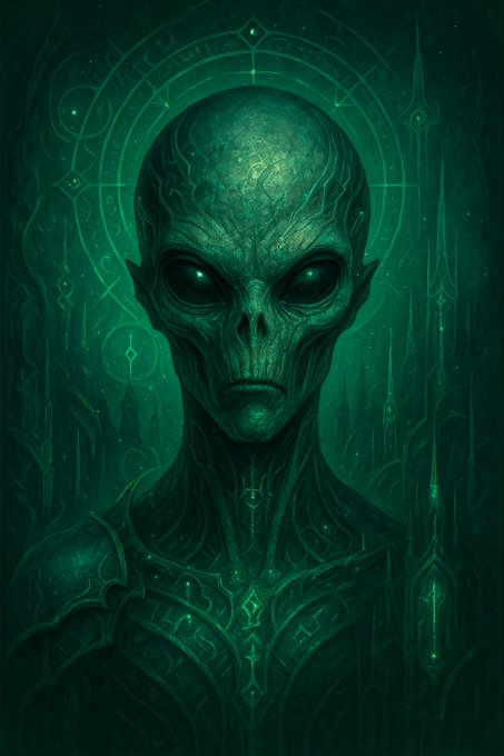 A dark green-toned digital artwork featuring a detailed extraterrestrial figure with large black eyes set against a mystical background with circular patterns.