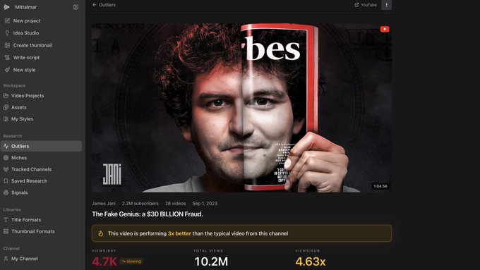 A YouTube analytics dashboard showing a video titled 'The Fake Genius: a $30 BILLION Fraud' by JBN, noting it is performing 3x better than typical content with 4.7K daily views and 10.2M total views.