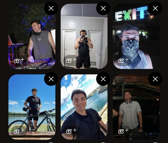 A grid of six photos from a dating app showing a man in various settings including DJing, mirror selfies, wearing a bandana, cycling, and DJ equipment, each marked with an X and a '+' icon.