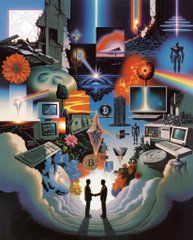 The image features a large, colorful collage of various objects such as a computer monitor, keyboard, TV screen, flower pot, and other items scattered throughout the scene. Two people are standing in front of these objects, facing each other with their hands clasped together. The background is filled with more elements from the collage, including a rainbow, a robot, and a flower pot. The post that accompanies this image reads "ETH".