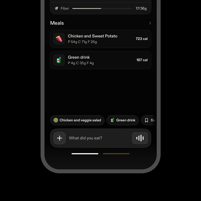A mobile app screenshot on a dark background shows a meal tracking interface listing 'Chicken and Sweet Potato' (723 cal) and 'Green drink' (187 cal), along with a fiber progress bar at 17/36g.