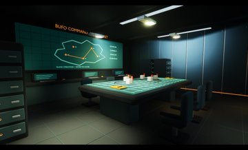 A dimly lit futuristic command room with a glowing central table and a large screen displaying "BUFO COMMAND" and tactical diagrams.