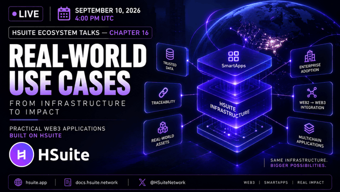 A promotional graphic for an HSuite live event on September 10, 2026 at 4:00 PM UTC, titled 'HSUITE ECOSYSTEM TALKS — CHAPTER 16: REAL-WORLD USE CASES', showcasing features like SmartApps, Trusted Data, and Enterprise Adoption.