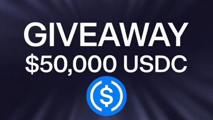The image is a giveaway announcement featuring bold white text reading "GIVEAWAY $50,000 USDC" against a dark background, accompanied by the blue USDC (USD Coin) logo, promoting a crypto giveaway promising to distribute $50,000 in USDC tokens to random participants.