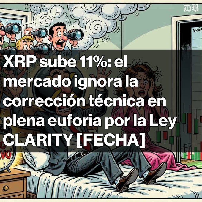 A cartoon illustration shows panicked reporters with cameras and wide-eyed onlookers reacting with alarm, overlaid with Spanish text reading "XRP sube 11%: el mercado ignora la corrección técnica en plena euforia por la Ley CLARITY [FECHA]," referencing XRP's 11% rally to $1.45 amid CLARITY Act-driven optimism. The image's exaggerated sense of alarm visually mirrors the post's note of technical caution—suggesting short-term corrections—despite the broader market euphoria.