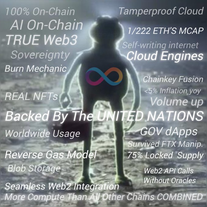 A promotional graphic for a blockchain/Web3 project featuring a silhouetted figure holding a briefcase with an infinity logo, surrounded by buzzwords like 'AI On-Chain', 'TRUE Web3', 'REAL NFTs', 'Backed By The UNITED NATIONS', and 'Self-writing internet Cloud Engines'.