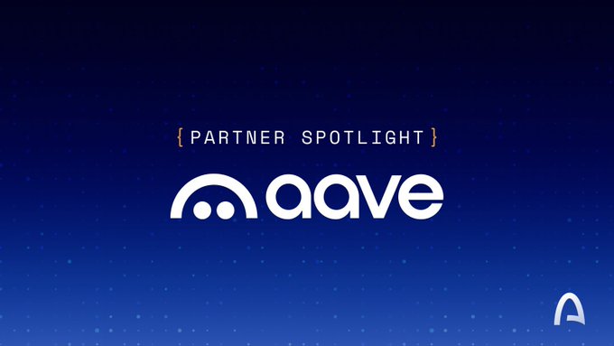 The image features a logo for a company named Aave V4 that is exploring deployment of their lending infrastructure onto Arc, a popular open-source blockchain platform. The text "Partner Spotlight" is displayed above the logo, indicating that this is an article or blog post about the partnership between Aave and Arc. The background of the image is blue with white stars, which could be interpreted as a night sky.