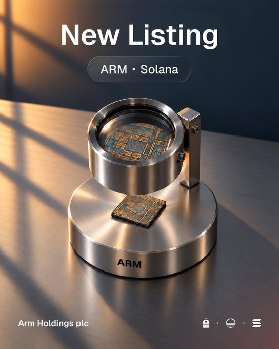 A "New Listing" graphic announces ARM and Solana as featured tickers, displaying a magnifying glass inspecting an ARM-branded microchip with "Arm Holdings plc" labeled at the bottom, directly promoting the $ARM token now available on Solana via Backpack's Sunrise platform.