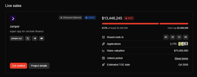 A live sales dashboard for 'Jumper - super-app for onchain finance' on Ethereum Mainnet, showing $13,446,245 raised (672% of target $2,000,000), with a raise valuation of $75,000,000 and an estimated TGE date of Q4 2026.