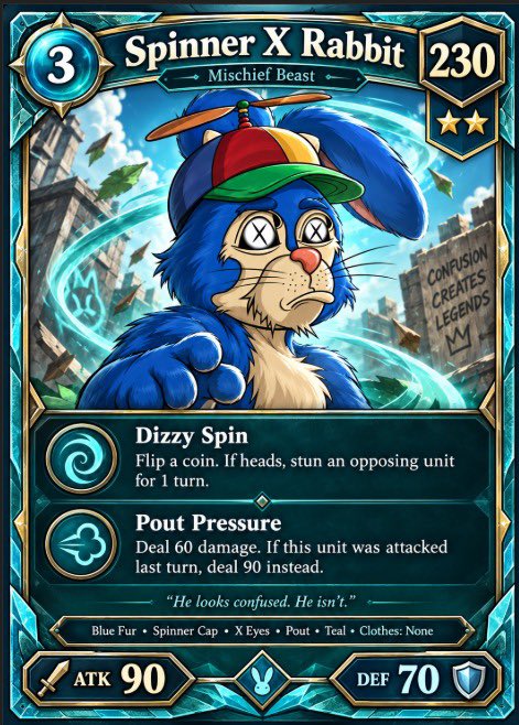 A digital trading card titled 'Spinner X Rabbit' classified as a 'Mischief Beast' with an ATK of 90, DEF of 70, and 230 cost, featuring abilities 'Dizzy Spin' and 'Pout Pressure' with a quote reading 'He looks confused. He isn't.'