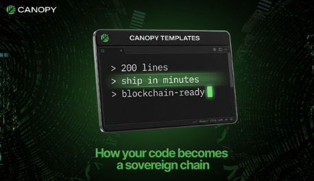 A green-themed promotional graphic for 'CANOPY TEMPLATES' showing code snippets '> 200 lines', '> ship in minutes', '> blockchain-ready' with the tagline 'How your code becomes a sovereign chain'.