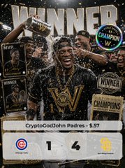 A celebratory image shows a baseball player hoisting a championship trophy above his head in front of a "WINNER" backdrop, with visible text including "CryptoGodJohn Padres • $.57," "1 4 1," and "CHAMPIONS," illustrating the Twitter post celebrating the San Diego Padres' 4-1 win over the Chicago Cubs.