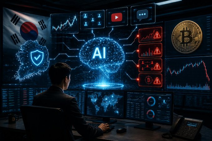 A futuristic AI-themed illustration showing a man at a computer desk with holographic displays featuring the South Korean flag, Bitcoin imagery, charts, and an AI brain in the center.