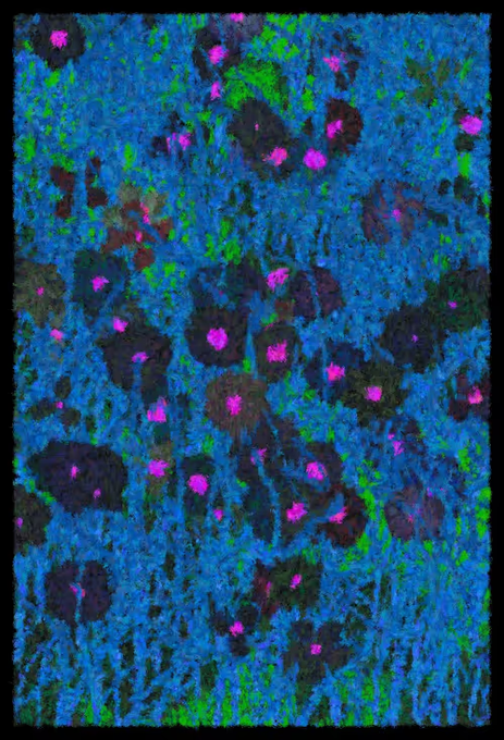 An abstract artwork with a textured blue background covered in dark splotches, accented with vibrant pink and green highlights resembling flowers or organic forms.