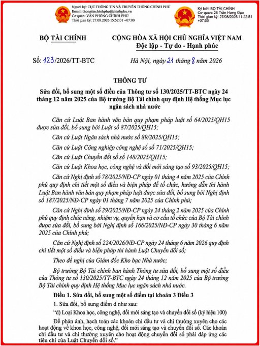 A Vietnamese government official document (Thông tư) from the Ministry of Finance (Bộ Tài Chính), Document No. 123/2026/TT-BTC dated August 24, 2026, regarding amendments to Circular 130/2025/TT-BTC on the national tax system database.