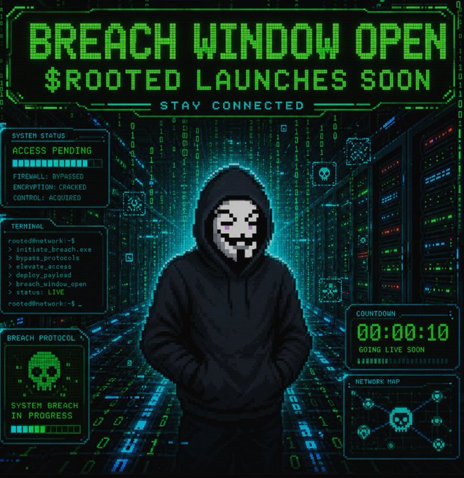 A digital 'Breach Window Open' hacker-themed graphic showing a hooded figure with a mask, alongside text including '$ROOTED LAUNCHES SOON', 'STAY CONNECTED', and a countdown timer.