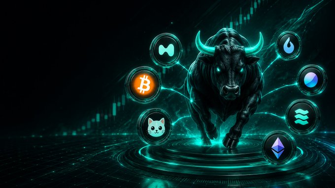A glowing teal bull charges forward on a digital platform, surrounded by circular crypto icons including Bitcoin (₿), Ethereum (Ξ), Sui, and what appears to be a cat token, with a chart pattern visible in the background. The imagery visually reinforces the post's message about bul.fun's launchpad standing strong against multiple market types—from BTC and HYPE to PURR and stocks—with the bull symbolizing bullish momentum in this multi-market trading approach.