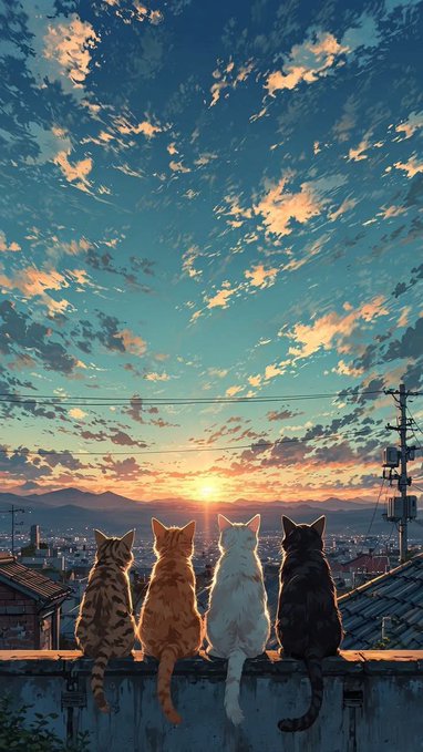 An anime-style illustration shows four cats with different coat patterns (spotted tabby, orange, white, and black) sitting in a row on a rooftop wall, watching a colorful sunset over a town and distant mountains.