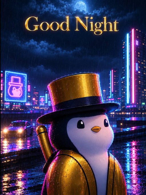 A digital artwork titled "Good Night" depicting a cartoonish penguin wearing a gold top hat and jacket, standing in a neon-lit, rainy cyberpunk cityscape at night.