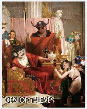 A meme depicting a "Den of Thieves" scene featuring figures wearing "$TBB" branded masks lounging on a throne surrounded by a harem, with the caption "DEN OF THIEVES" at the bottom, satirizing the Discord community associated with the $TBB ticker. The image humorously portrays the group as a luxurious criminal empire, tying into the post's narrative of internal Discord drama involving figures like @Ezz_Wins and accusations of market manipulation with "red candles."